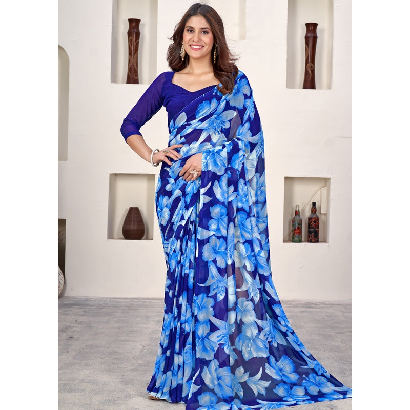 Blue Net Saree With Blouse Piece - JD986579985