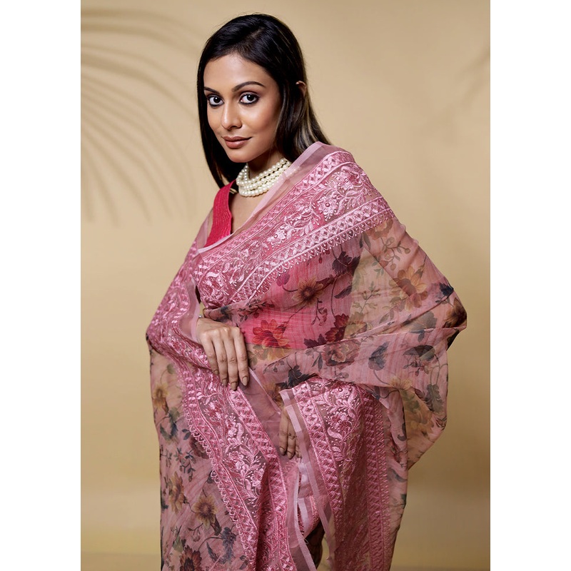 Brown Organza Saree With Blouse Piece - JD986580097