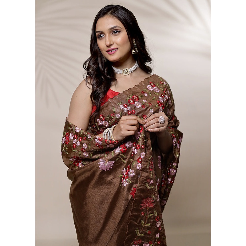 Brown Tussar Pure Silk Saree With Blouse Piece - JD986580121