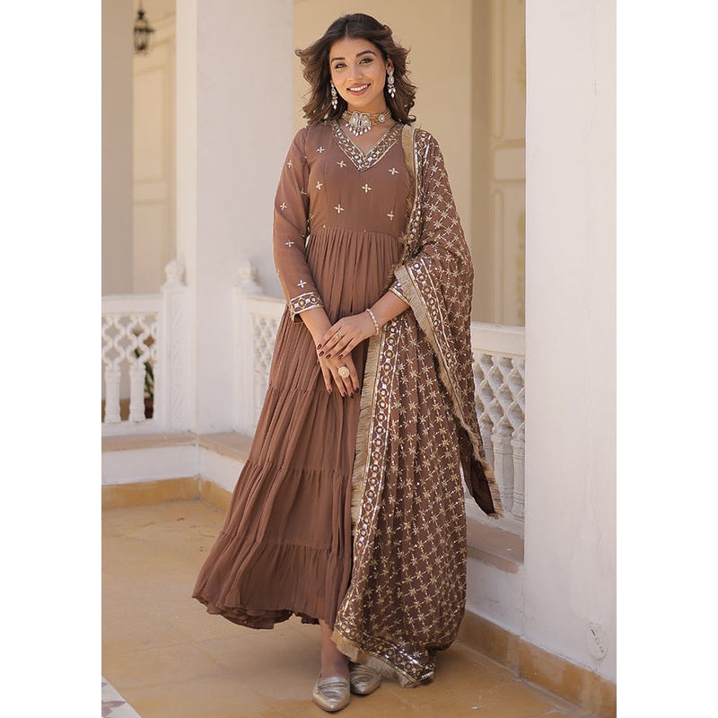 Coffee Readymade Georgette Indian Dress - JD986579983