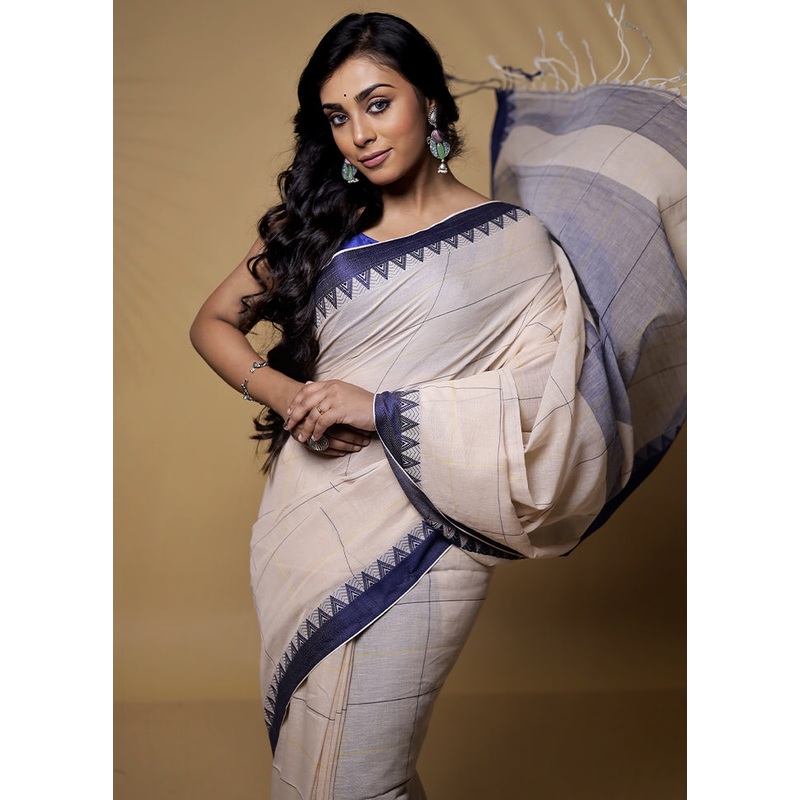 Cream Cotton Saree With Blouse Piece - JD986580078