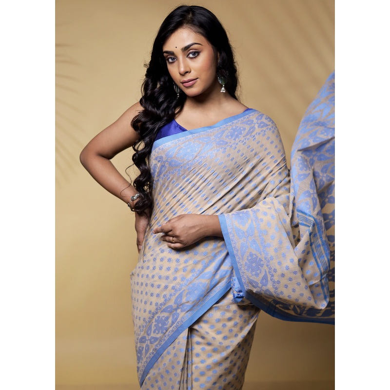 Cream Cotton Saree With Blouse Piece - JD986580079