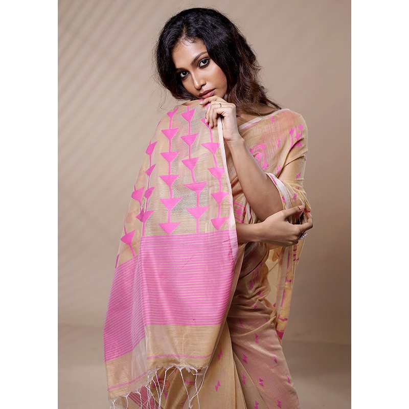 Cream Cotton Saree With Blouse Piece - JD986580112
