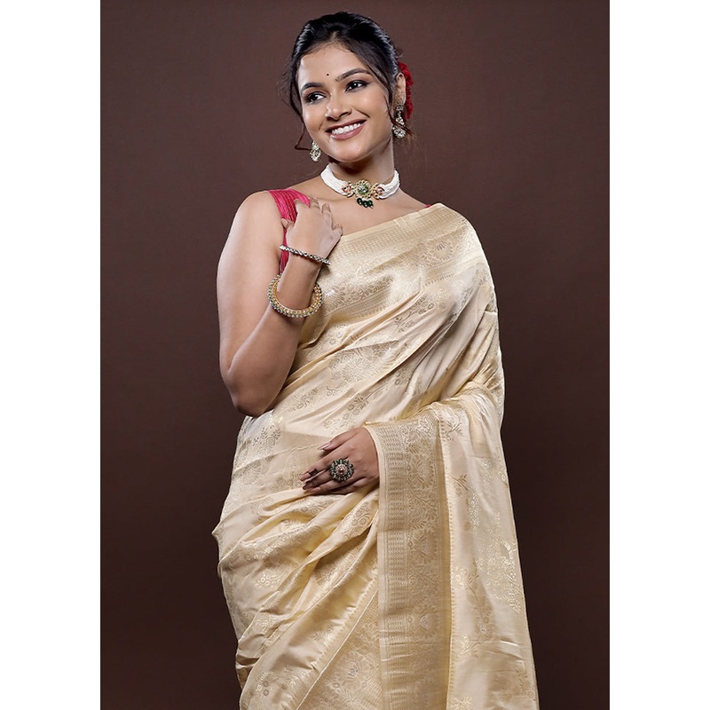 Cream Dupion Silk Saree With Blouse Piece - JD986580038