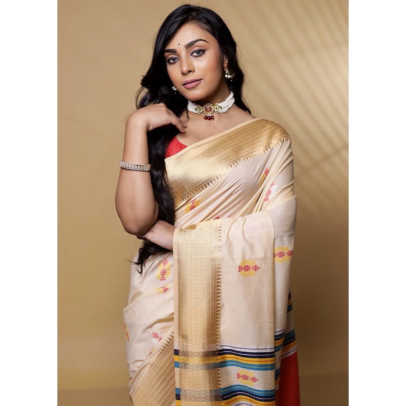Cream Dupion Silk Saree With Blouse Piece - JD986580080