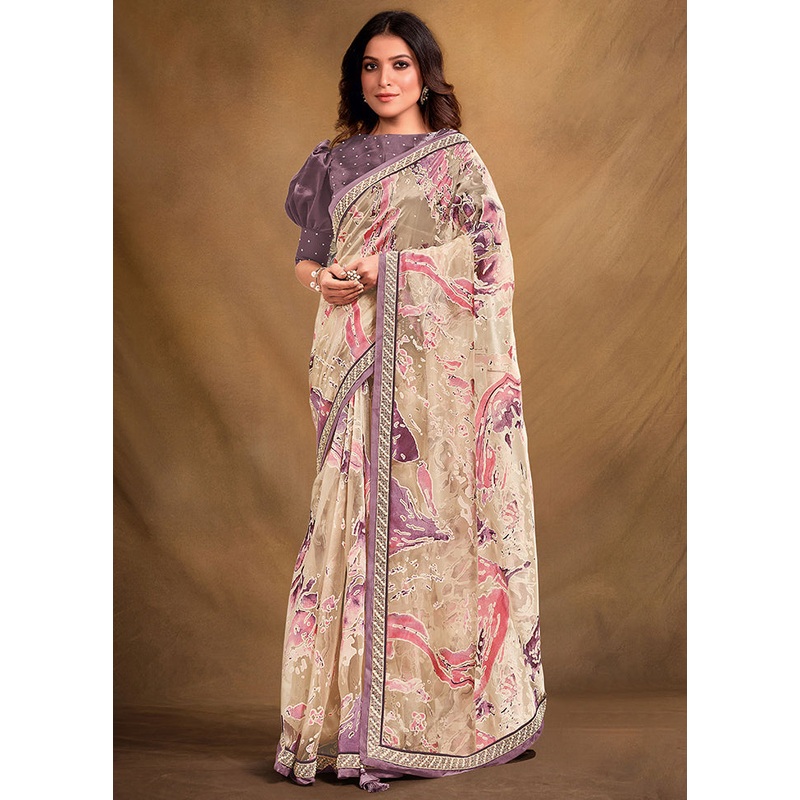 Cream Net Saree With Blouse Piece - JD986579982