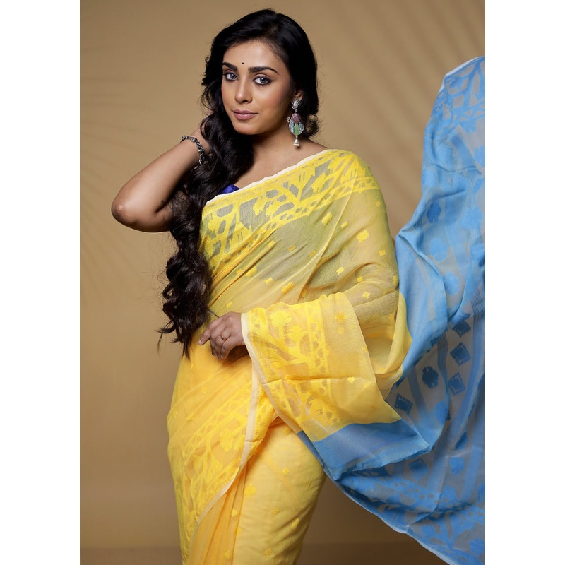 Cream Tant Jamdani Saree Without Blouse Piece - JD986580076