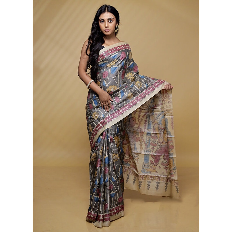 Cream Tussar Pure Silk Saree With Blouse Piece - JD986580141