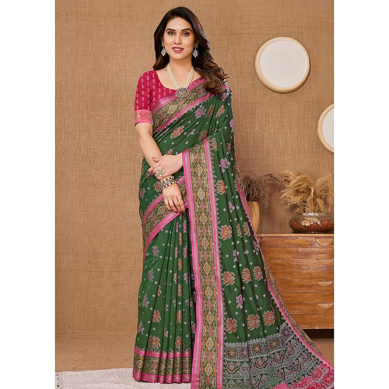 Green Dupion Silk Saree With Blouse Piece - JD986579979