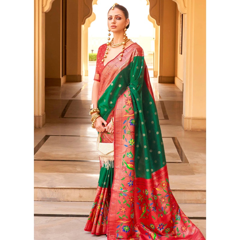 Green Dupion Silk Saree With Blouse Piece - JD986579981