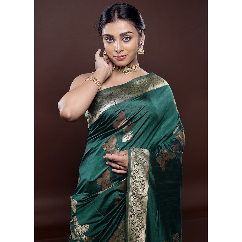 Green Dupion Silk Saree With Blouse Piece - JD986580073