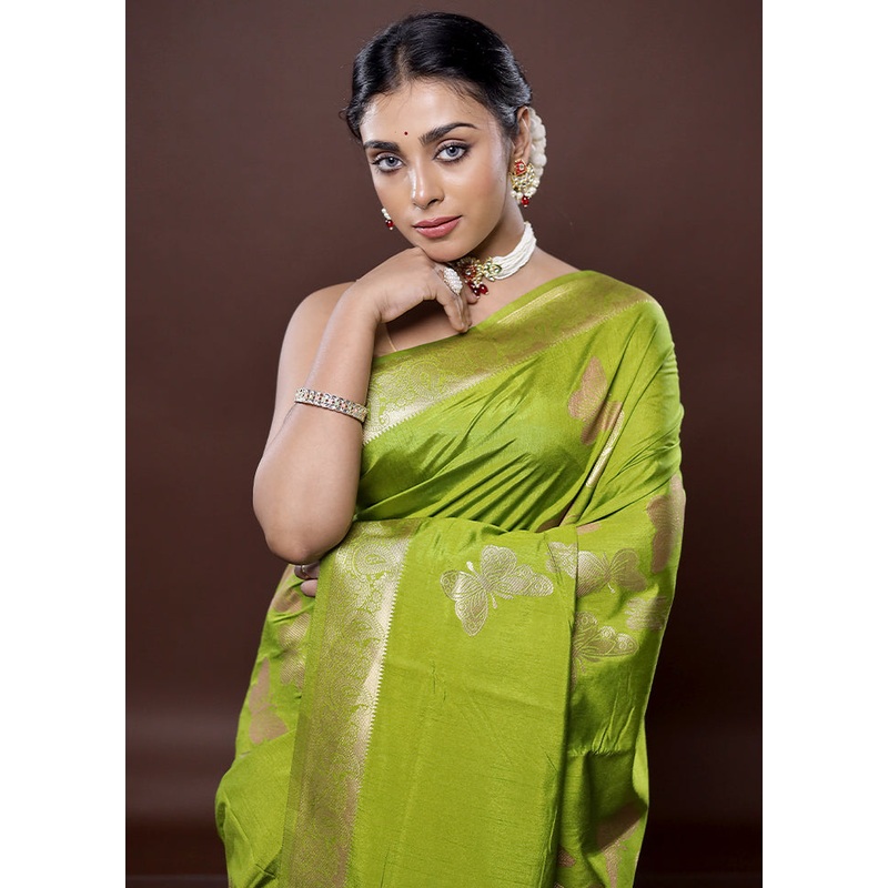 Green Dupion Silk Saree With Blouse Piece - JD986580074