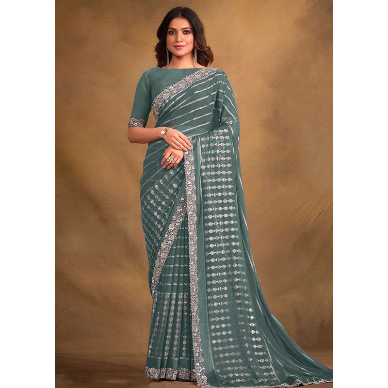 Green Georgette Saree With Blouse Piece - JD986579976