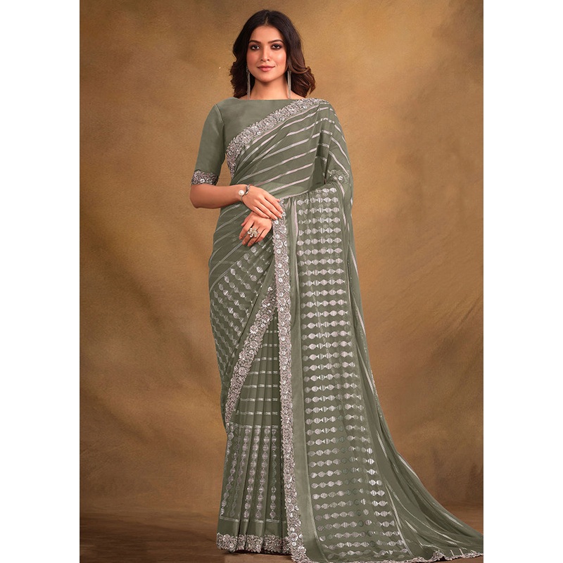 Green Georgette Saree With Blouse Piece - JD986579977