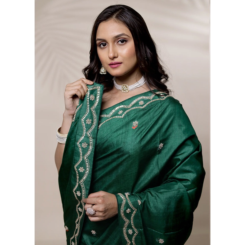 Green Tussar Pure Silk Saree With Blouse Piece - JD986580119