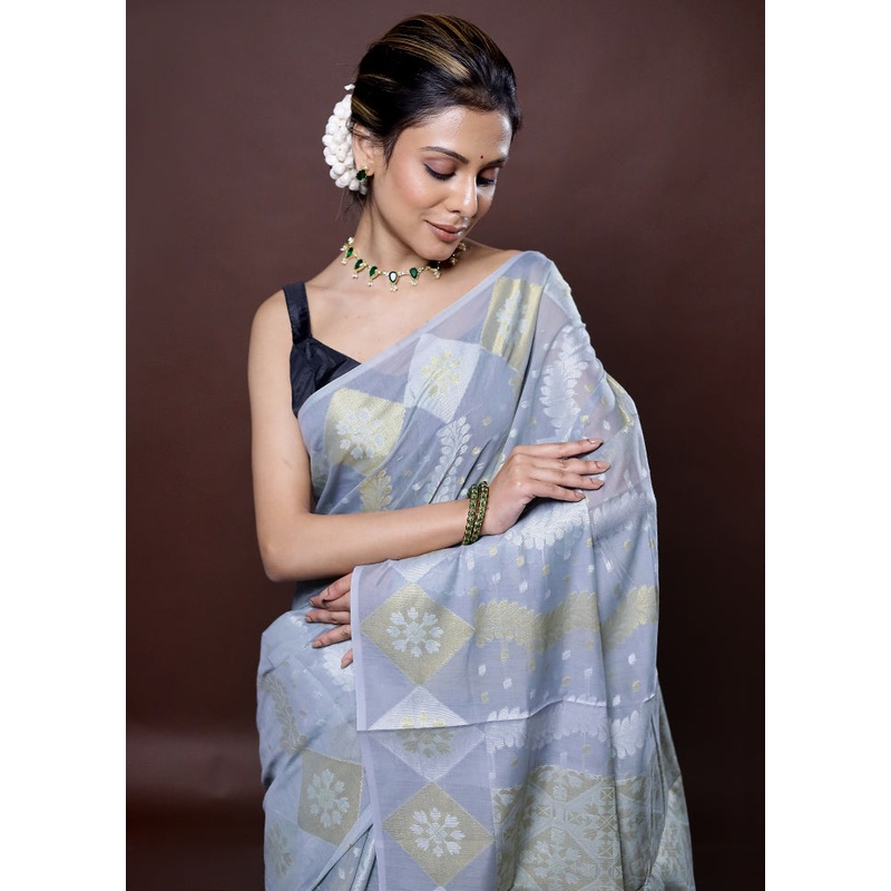 Grey Kora Silk Saree With Blouse Piece - JD986580091