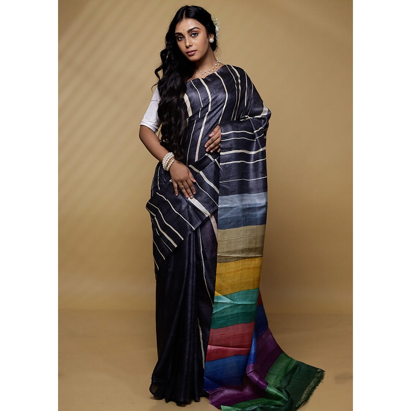 Grey Tussar Pure Silk Saree With Blouse Piece - JD986580138