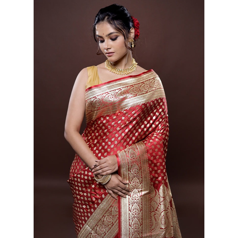 Maroon Banarasi Silk Saree With Blouse Piece - JD986580031