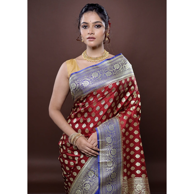 Maroon Banarasi Silk Saree With Blouse Piece - JD986580032