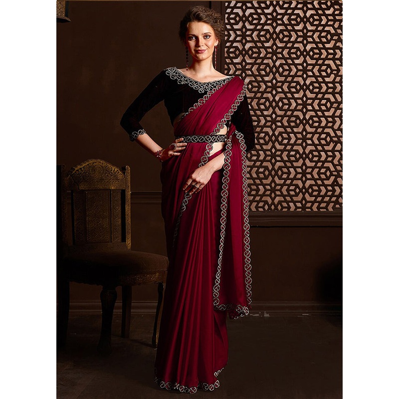 Maroon Satin Silk Saree With Blouse Piece - JD986579974