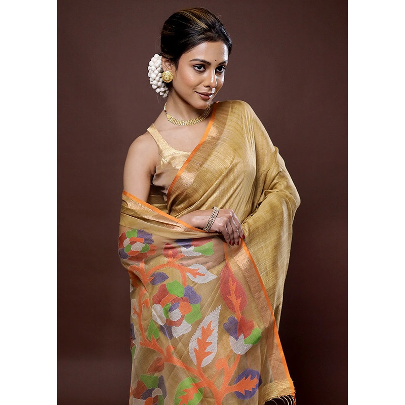 Orange Matka Silk Saree With Blouse Piece - JD986580129
