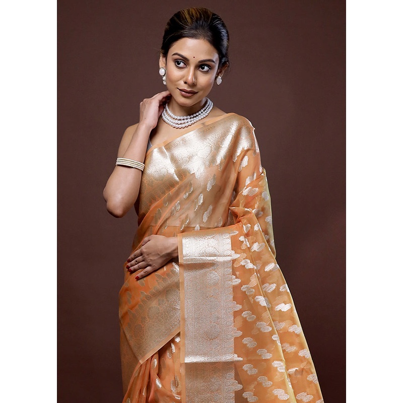 Orange Organza Saree With Blouse Piece - JD986580127