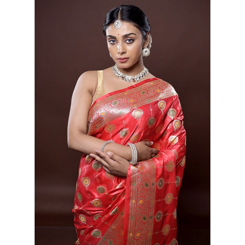 Pink Banarasi Silk Saree With Blouse Piece - JD986580070
