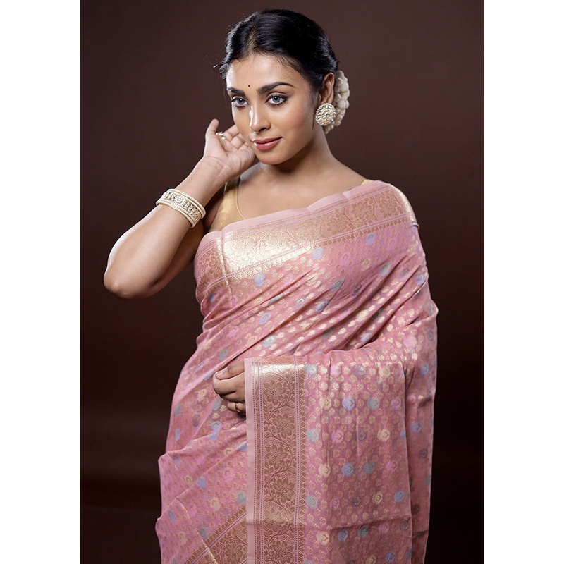 Pink Organza Saree With Blouse Piece - JD986580066