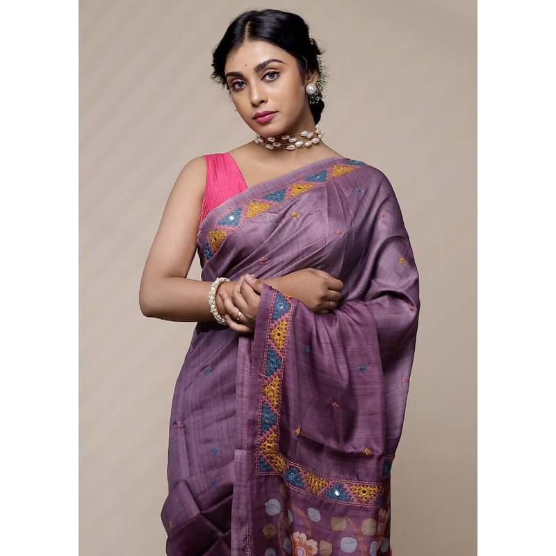 Pink Tussar Silk Saree With Blouse Piece - JD986580135