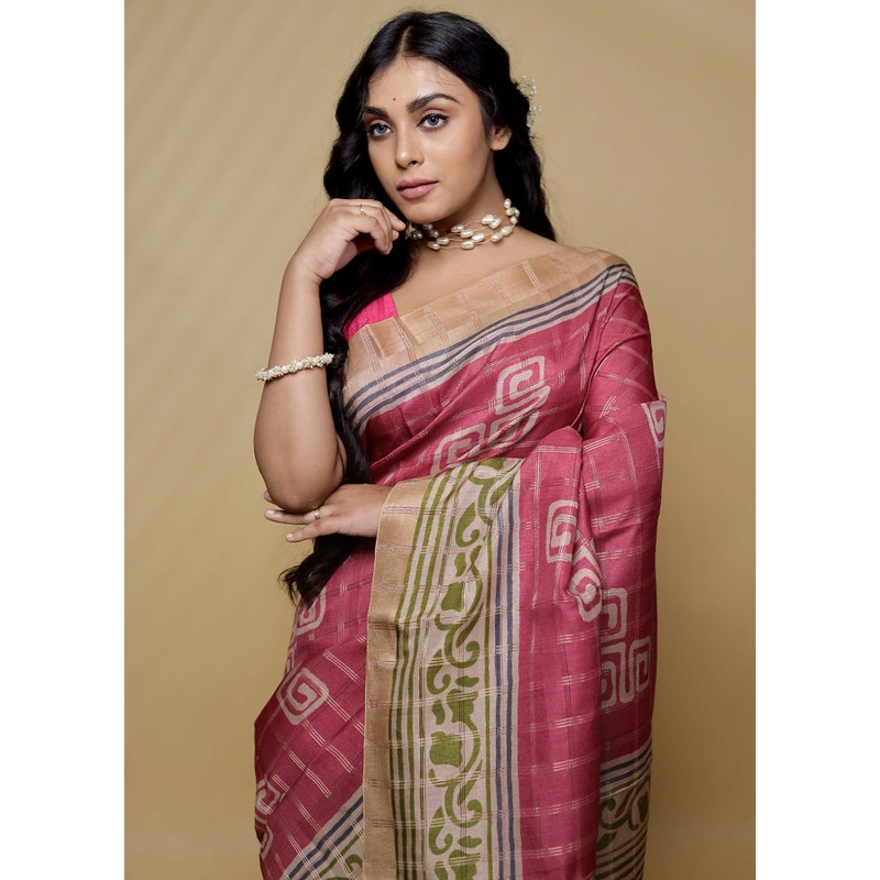 Pink Tussar Silk Saree With Blouse Piece - JD986580136
