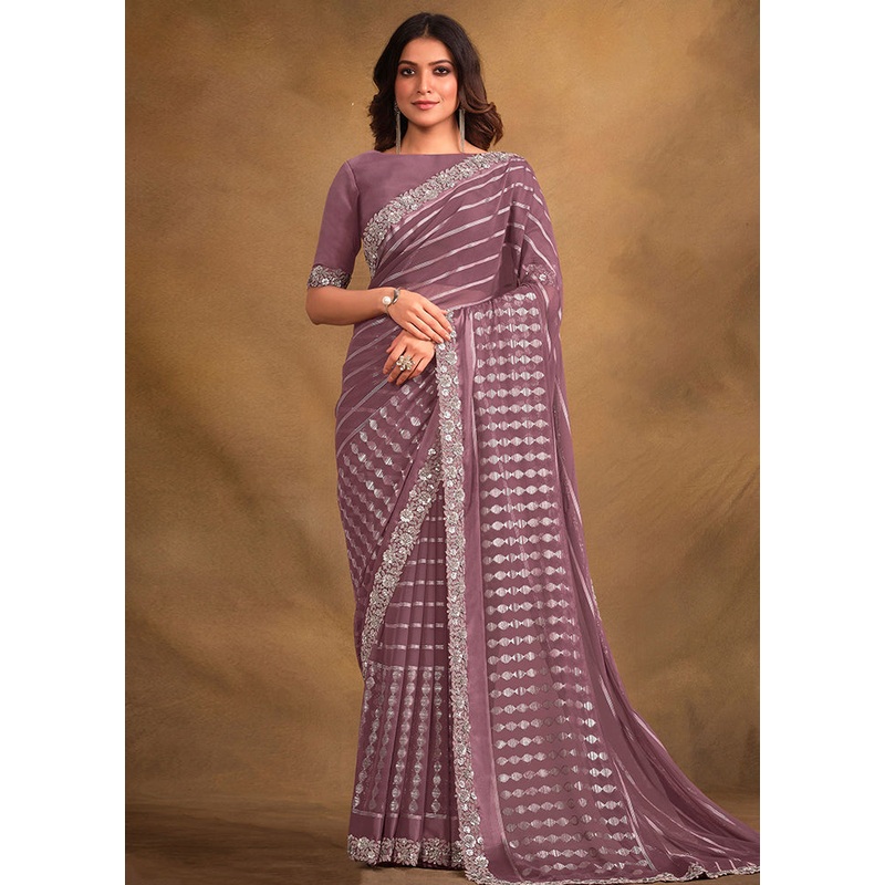 Purple Georgette Saree With Blouse Piece - JD986579959