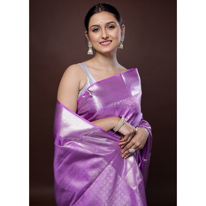 Purple Kanchipuram Pure Silk Saree With Blouse Piece - JD986580116