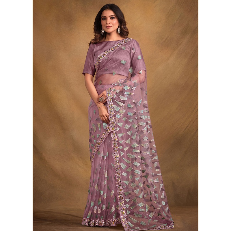 Purple Net Saree With Blouse Piece - JD986579958