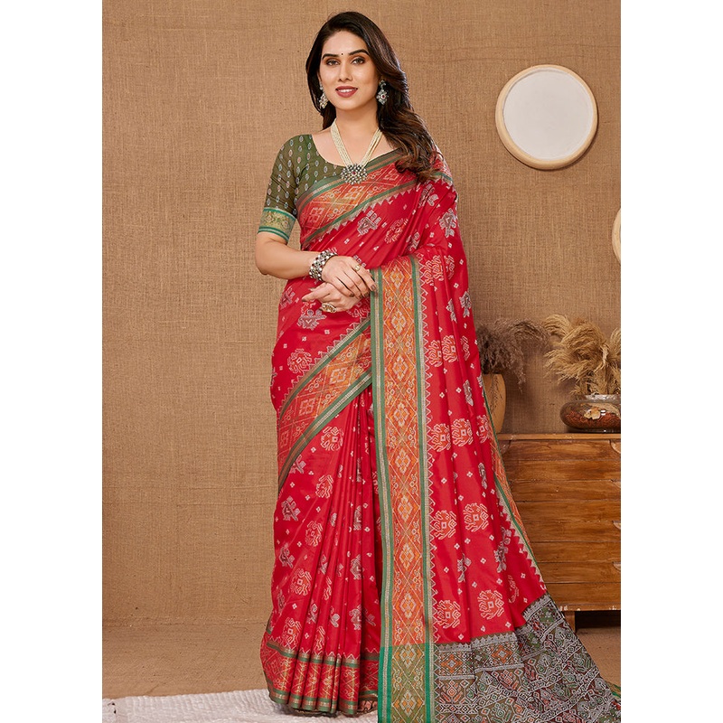 Red Dupion Silk Saree With Blouse Piece - JD986579951