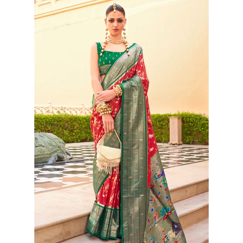 Red Dupion Silk Saree With Blouse Piece - JD986579952