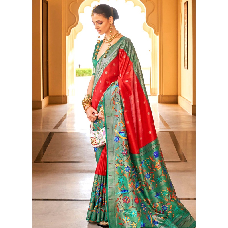 Red Dupion Silk Saree With Blouse Piece - JD986579953