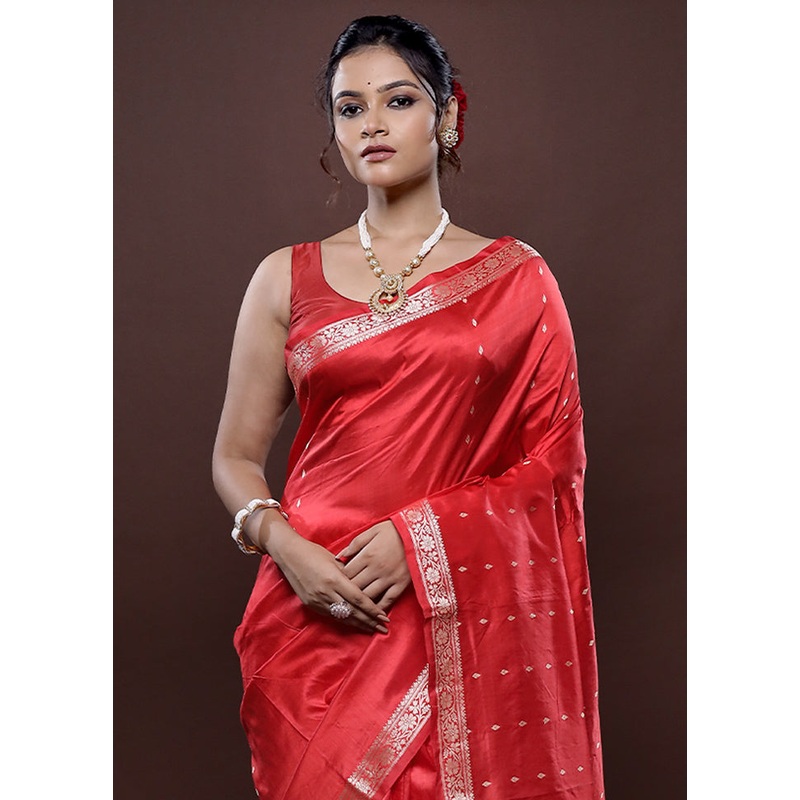 Red Hazar Butti Katan Silk Saree With Blouse Piece - JD986580025