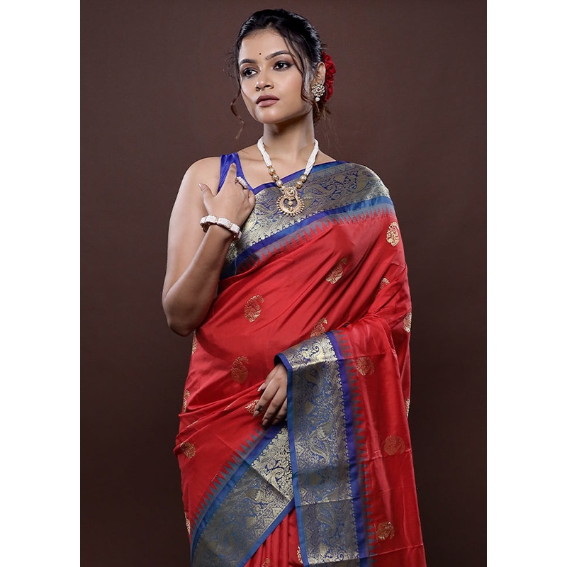 Red Kanjivaram Silk Saree With Blouse Piece - JD986580027