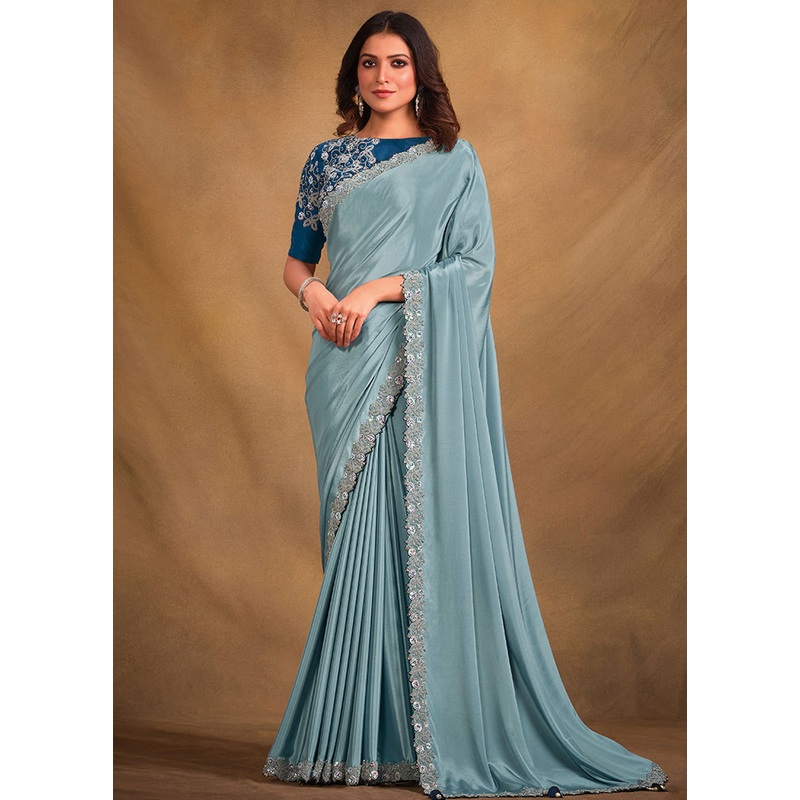 Sky Blue Dupion Silk Saree With Blouse Piece - JD986579947