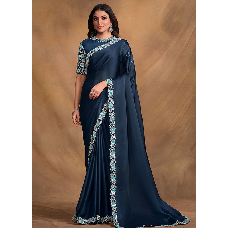 Teal Blue Satin Silk Saree With Blouse Piece - JD986579946