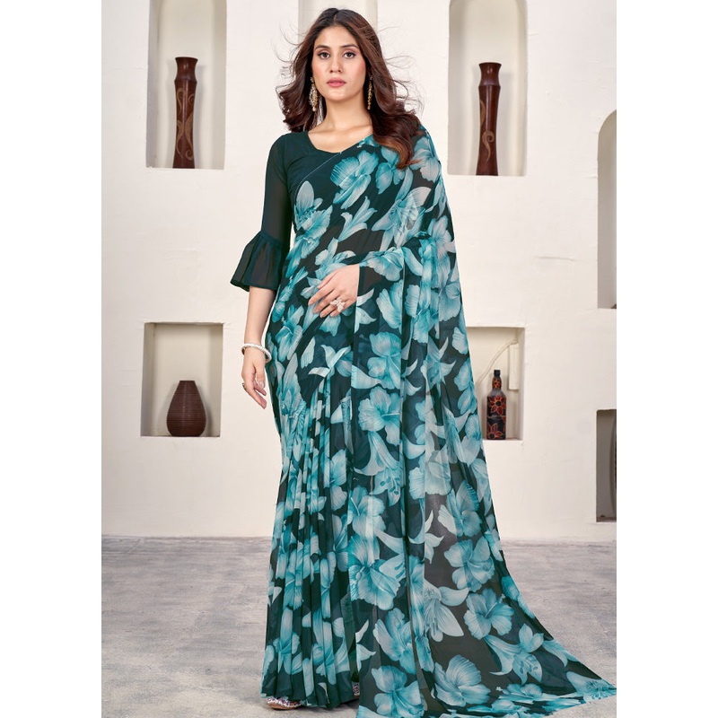 Teal Net Saree With Blouse Piece - JD986579945
