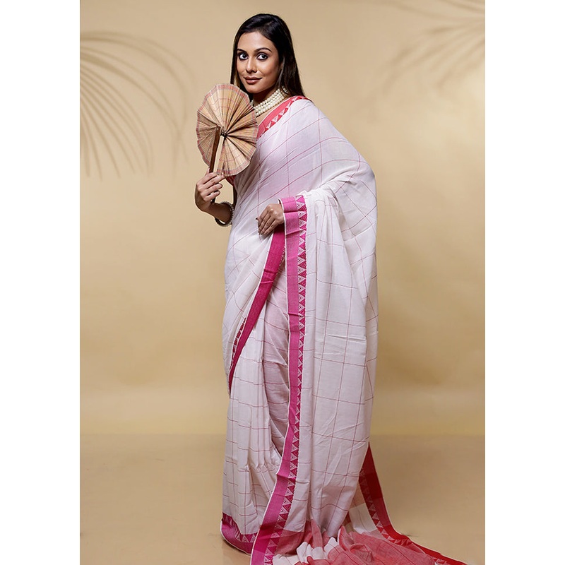 White Cotton Saree With Blouse Piece - JD986580086