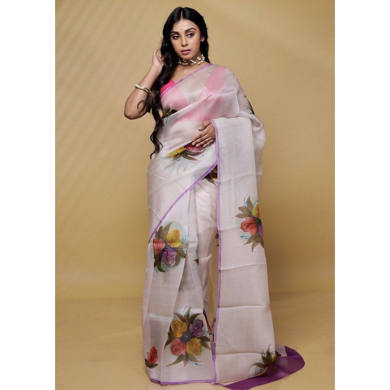 White Organza Saree With Blouse Piece - JD986580133