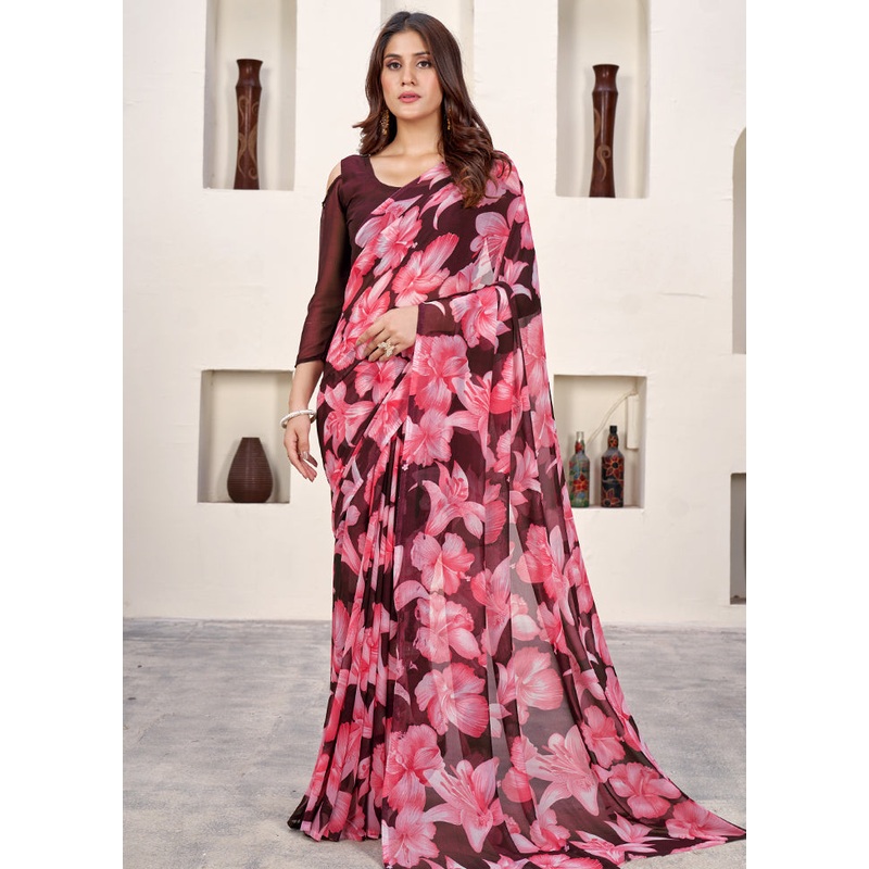 Wine Net Saree With Blouse Piece - JD986579944