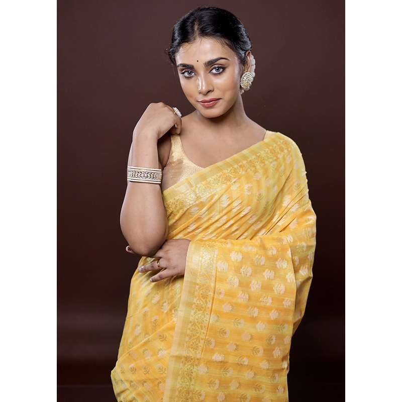 Yellow Cotton Saree With Blouse Piece - JD986580064