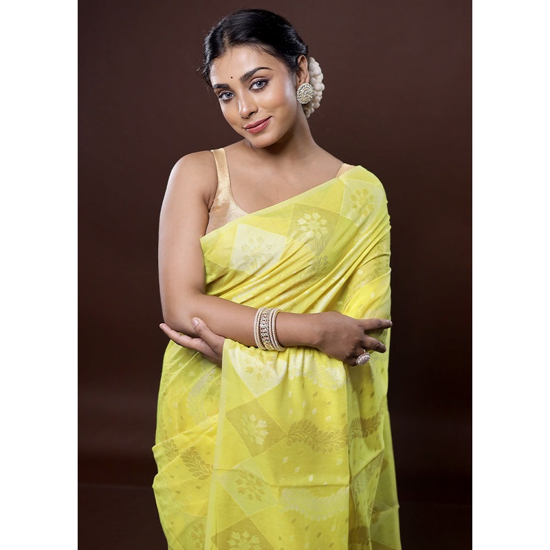 Yellow Kora Silk Saree With Blouse Piece - JD986580062