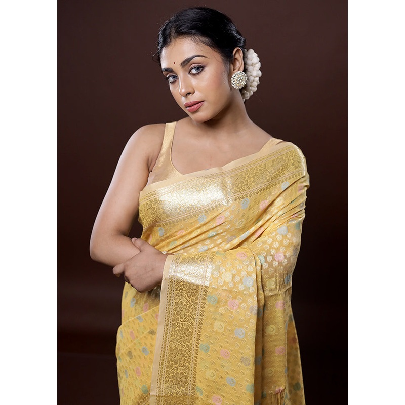 Yellow Organza Saree With Blouse Piece - JD986580060