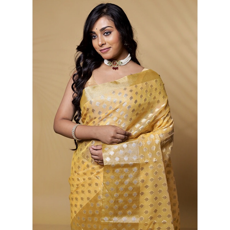 Yellow Organza Saree With Blouse Piece - JD986580061