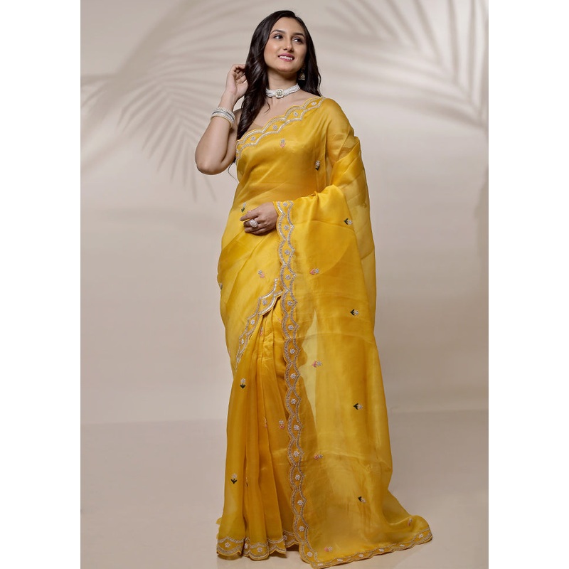 Yellow Pure Organza Saree With Blouse Piece - JD986580115