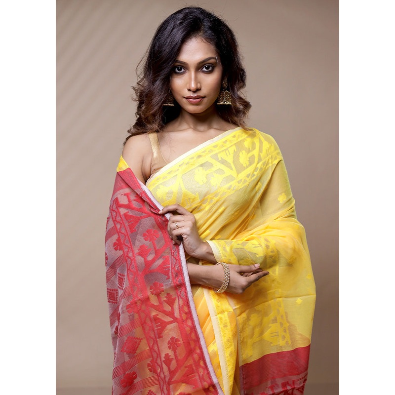 Yellow Tant Jamdani Saree Without Blouse Piece - JD986580099